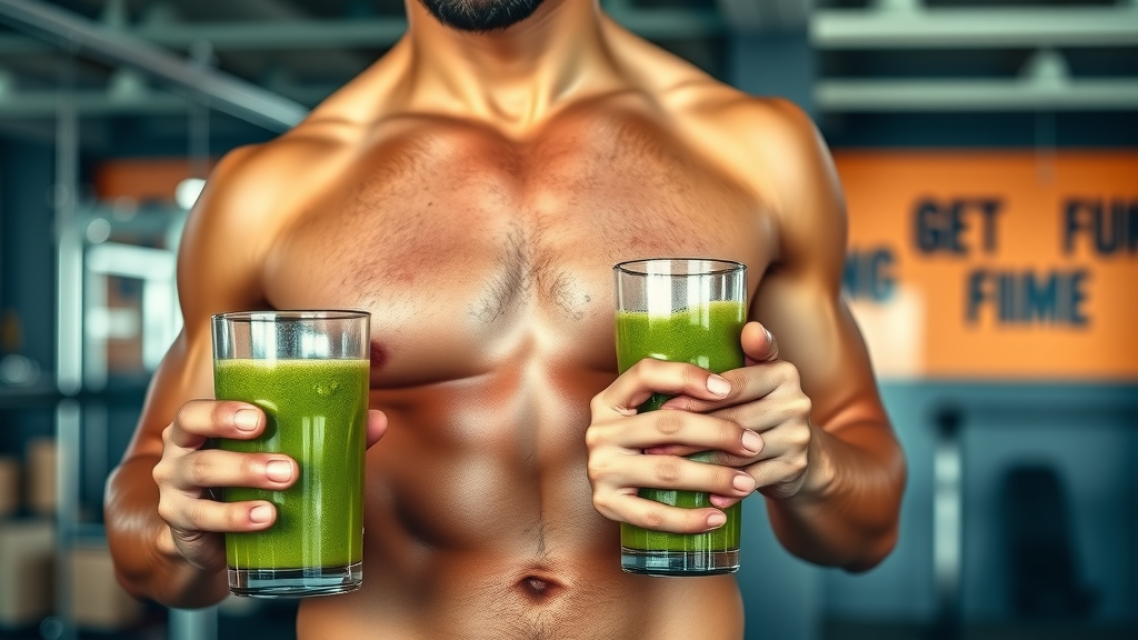 Weight loss transformation: fit person holding a green smoothie post-workout, weight loss smoothie, gym background, photorealistic, healthy lifestyle, lose weight